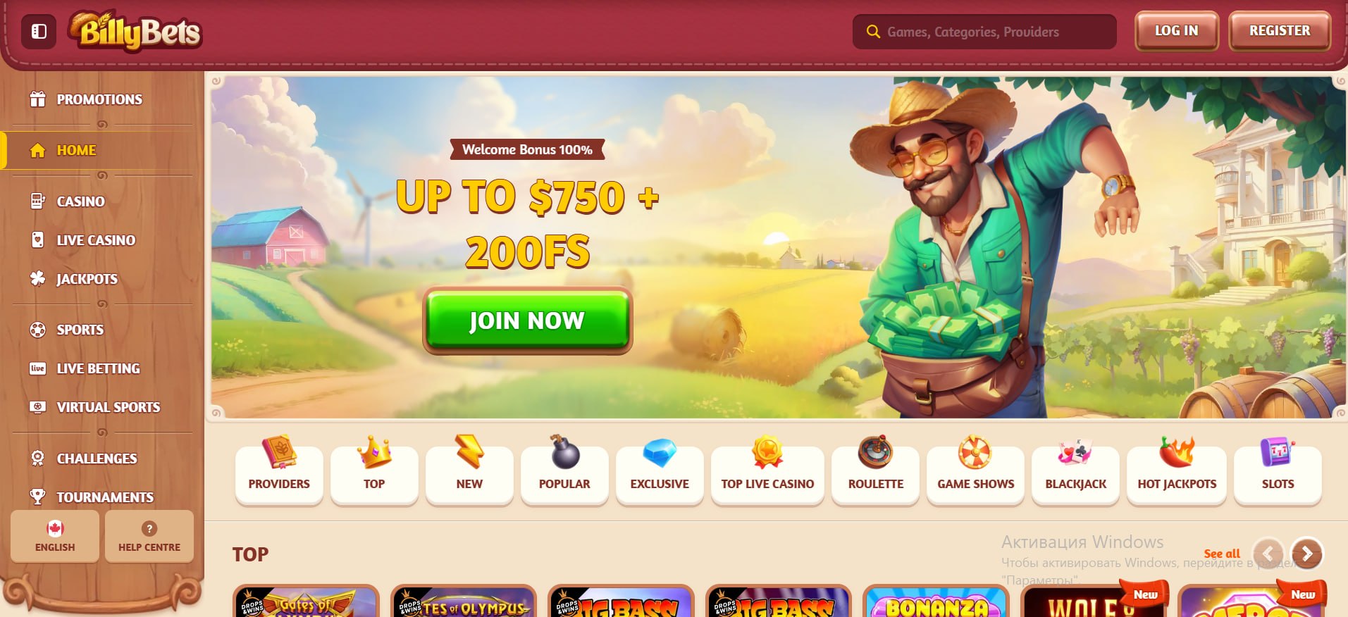 BillyBets casino lobby with welcome promotion and game categories